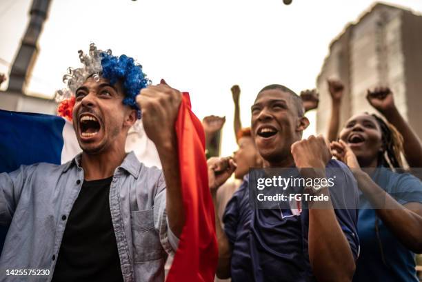 french team fans celebrating - france supporter stock pictures, royalty-free photos & images