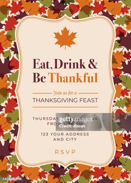 ilustraciones, imágenes clip art, dibujos animados e iconos de stock de plantilla de invitación a la cena de acción de gracias. - happy thanksgiving text