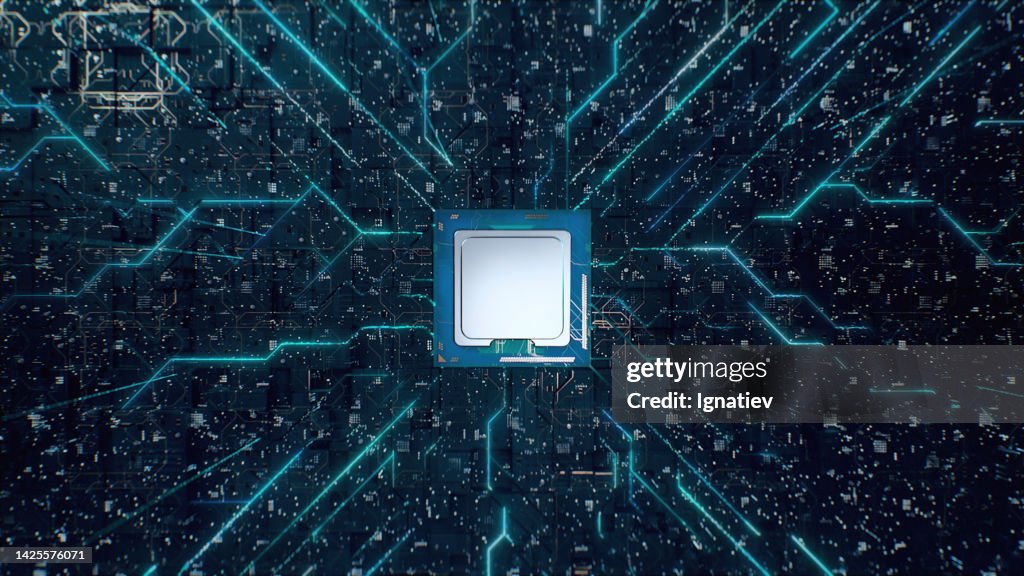 CPU on a digitally generated circuit board for a computer technology articles or a computer related backgrounds with a copy space