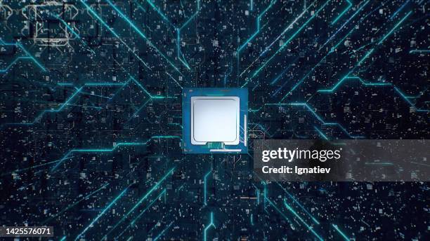 cpu on a digitally generated circuit board for a computer technology articles or a computer related backgrounds with a copy space - semiconductor bildbanksfoton och bilder