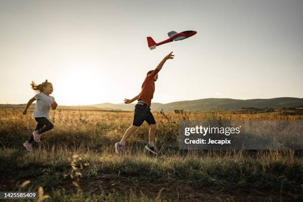 brother and sister playing in nature - model airplane stock pictures, royalty-free photos & images