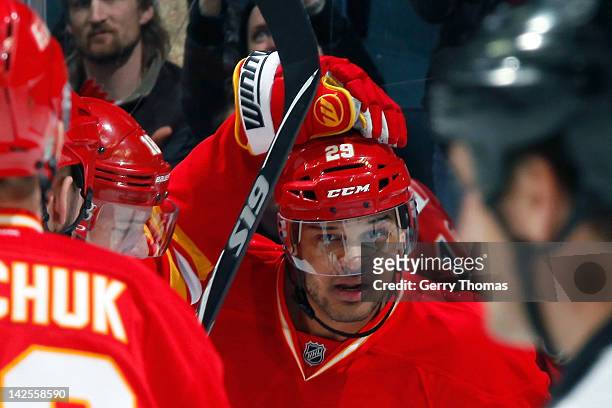 Akim Aliu of the Calgary Flames celebrates his first NHL goal against the Anaheim Ducks on April 7, 2012 at the Scotiabank Saddledome in Calgary,...