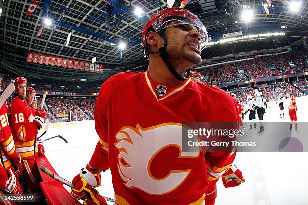 Akim Aliu of the Calgary Flames skates against the Anaheim Ducks on April 7, 2012 at the Scotiabank Saddledome in Calgary, Alberta, Canada.