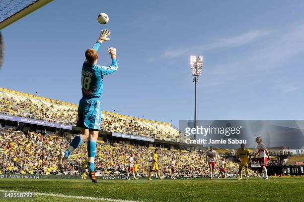 Goalkeeper Ryan Meara of the New York Red Bulls jumps to make a save on a shot from the Columbus Crew in the second half on April 7, 2012 at Crew...