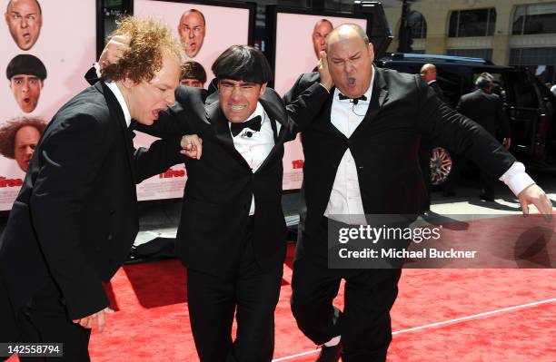 Actor Sean Hayes, actor Chris Diamantopoulos and actor Will Sasso attend the Los Angeles premiere of "The Three Stooges" on April 7, 2012 in...