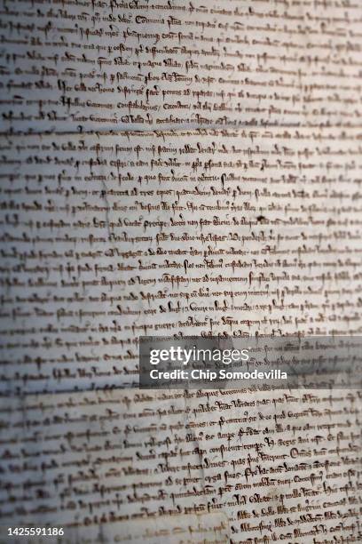 Close-up photograph of The City of London Corporation’s 1297 copy of Magna Carta on display at its Heritage Gallery within Guildhall Art Gallery on...