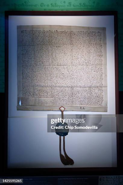 The City of London Corporation’s 1297 copy of Magna Carta is on display at its Heritage Gallery within Guildhall Art Gallery on September 20, 2022 in...