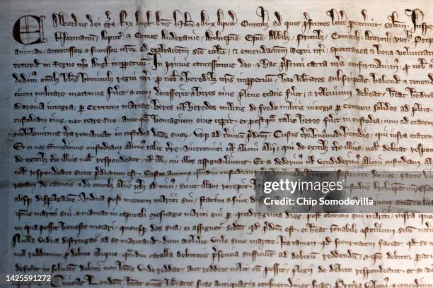 Close-up photograph of The City of London Corporation’s 1297 copy of Magna Carta on display at its Heritage Gallery within Guildhall Art Gallery on...