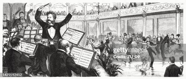 johann strauss jr. conducting the waltz, wood engraving, published 1885 - classical music stock illustrations