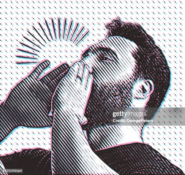 retro style illustration of man shouting an announcement - vintage advertisement stock illustrations
