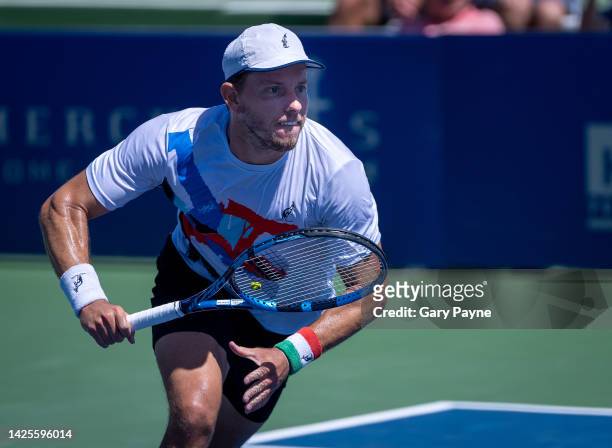 James Duckworth of Australia prepares to return a shot against Alexei Popyrin of Australia on Day One of the San Diego Open at Barnes Tennis Center...
