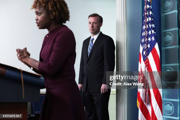 White House Press Secretary Karine Jean-Pierre speaks as National Security Adviser Jake Sullivan listens during the daily news briefing at the James...