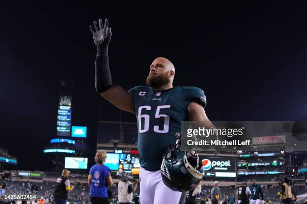 Lane Johnson of the Philadelphia Eagles salutes the crowd after the game against the Minnesota Vikings at Lincoln Financial Field on September 19,...