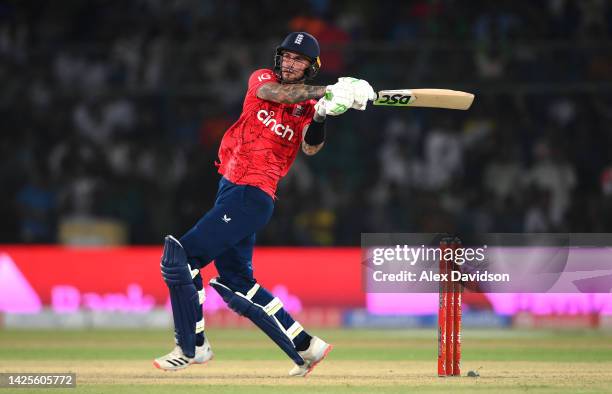 Alex Hales of England bats during the 1st IT20 match between Pakistan and England at Karachi National Stadium on September 20, 2022 in Karachi,...