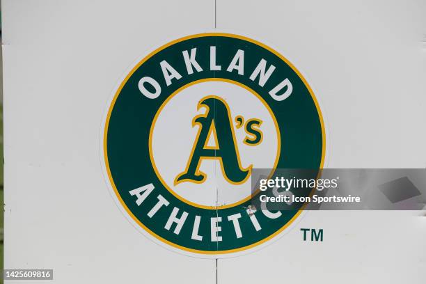 Detailed view of an Oakland Athletics logo during a regular season game against the Chicago White Sox on July 2 at RingCentral Coliseum in Oakland,...