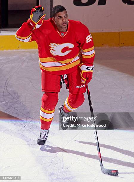 Akim Aliu of the Calgary Flames was the first star with two goals in his second NHL game against the Anaheim Ducks during in NHL action on April 7,...