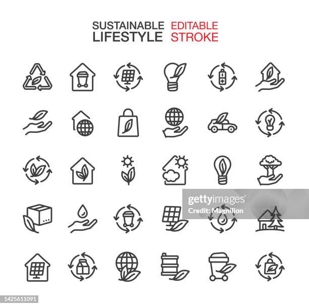 bildbanksillustrationer, clip art samt tecknat material och ikoner med sustainable lifestyle icons set editable stroke - förpackning