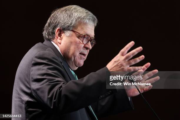 Former U.S. Attorney General William Barr speaks at a meeting of the Federalist Society on September 20, 2022 in Washington, DC. Barr spoke as The...