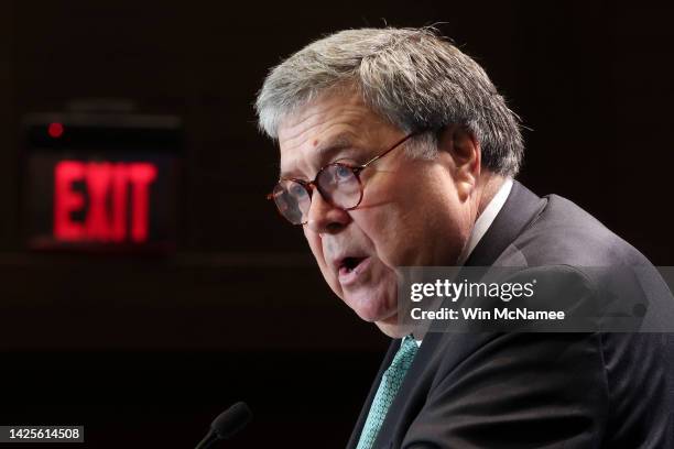 Former U.S. Attorney General William Barr speaks at a meeting of the Federalist Society on September 20, 2022 in Washington, DC. Barr spoke as The...