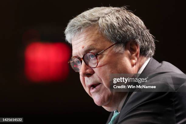 Former U.S. Attorney General William Barr speaks at a meeting of the Federalist Society on September 20, 2022 in Washington, DC. Barr spoke as The...