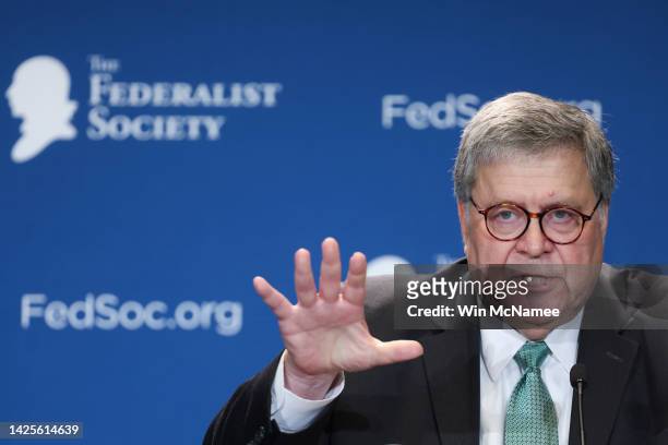 Former U.S. Attorney General William Barr speaks at a meeting of the Federalist Society on September 20, 2022 in Washington, DC. Barr spoke as The...