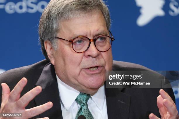 Former U.S. Attorney General William Barr speaks at a meeting of the Federalist Society on September 20, 2022 in Washington, DC. Barr spoke as The...