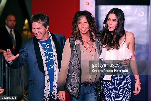 Designer Andy Hilfiger, Steven Tyler and Chelsea Tyler walk the runway at the Steven Tyler & Andy Hilfiger Host Andrew Charles' Fashion Show at...