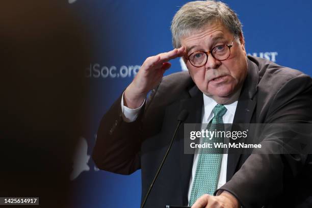 Former U.S. Attorney General William Barr speaks at a meeting of the Federalist Society on September 20, 2022 in Washington, DC. Barr spoke as The...