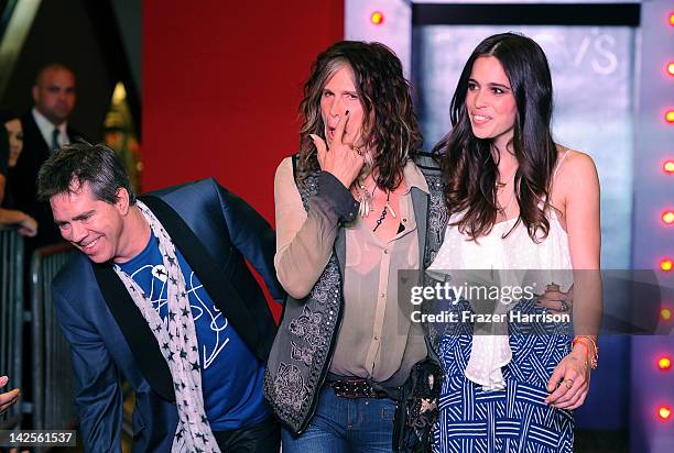 Designer Andy Hilfiger, Steven Tyler and Chelsea Tyler walk the runway at the Steven Tyler & Andy Hilfiger Host Andrew Charles' Fashion Show at...