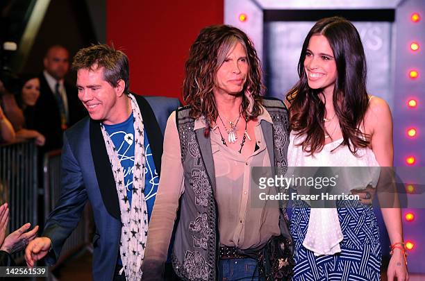 Designer Andy Hilfiger, Steven Tyler and Chelsea Tyler walk the runway at the Steven Tyler & Andy Hilfiger Host Andrew Charles' Fashion Show at...