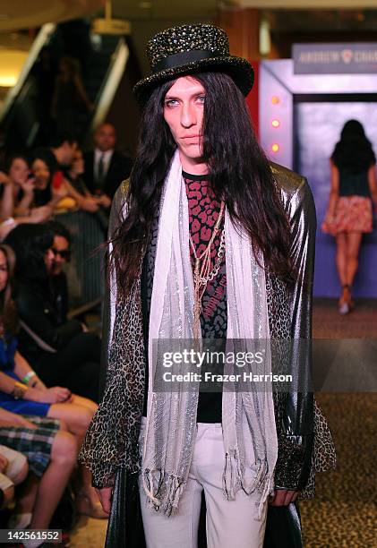 Model walks the runway at the Steven Tyler & Andy Hilfiger Host Andrew Charles' Fashion Show at Macy's Sherman Oaks on April 7, 2012 in Sherman Oaks,...