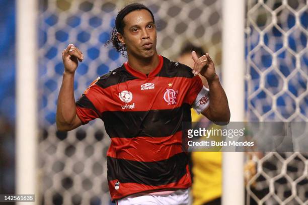 Ronaldinho of Flamengo celebrates a scored goal aganist Vasco during a match between Flamengo and Vasco as part of Rio State Championship 2012 at...