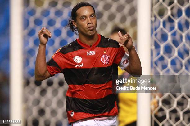 Ronaldinho of Flamengo celebrates a scored goal aganist Vasco during a match between Flamengo and Vasco as part of Rio State Championship 2012 at...