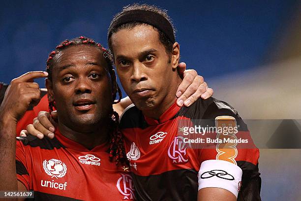 Ronaldinho and Vagner Love of Flamengo celebrate a scored goal aganist Vasco during a match between Flamengo and Vasco as part of Rio State...