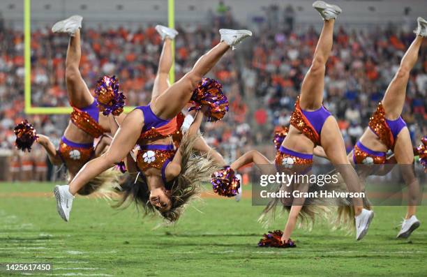 The Clemson Tigers Rally Cats dance team during their game against the Louisiana Tech Bulldogs at Memorial Stadium on September 17, 2022 in Clemson,...