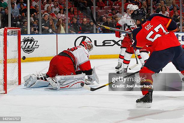 Marcel Goc of the Florida Panthers scores a goal past Goaltender Brian Boucher of the Carolina Hurricanes during the first period on April 7, 2012 at...