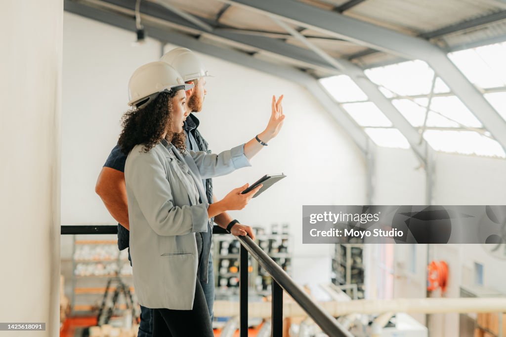 Factory, woman and manager on tablet with employee planning checklist logistics or stock. Collaboration, warehouse and industrial worker on tech working in manufacturing and distribution job site.