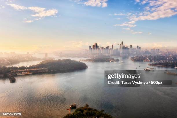 aerial view of shanghai at dawn,sydney,new south wales,australia - sydney from above stock pictures, royalty-free photos & images