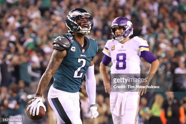 Darius Slay of the Philadelphia Eagles celebrates after making an interception against the Minnesota Vikings at Lincoln Financial Field on September...