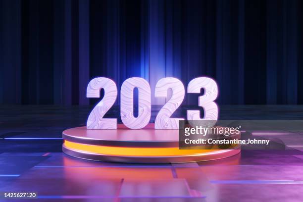 2023 text block on golden pedestal - first light awards stock-fotos und bilder