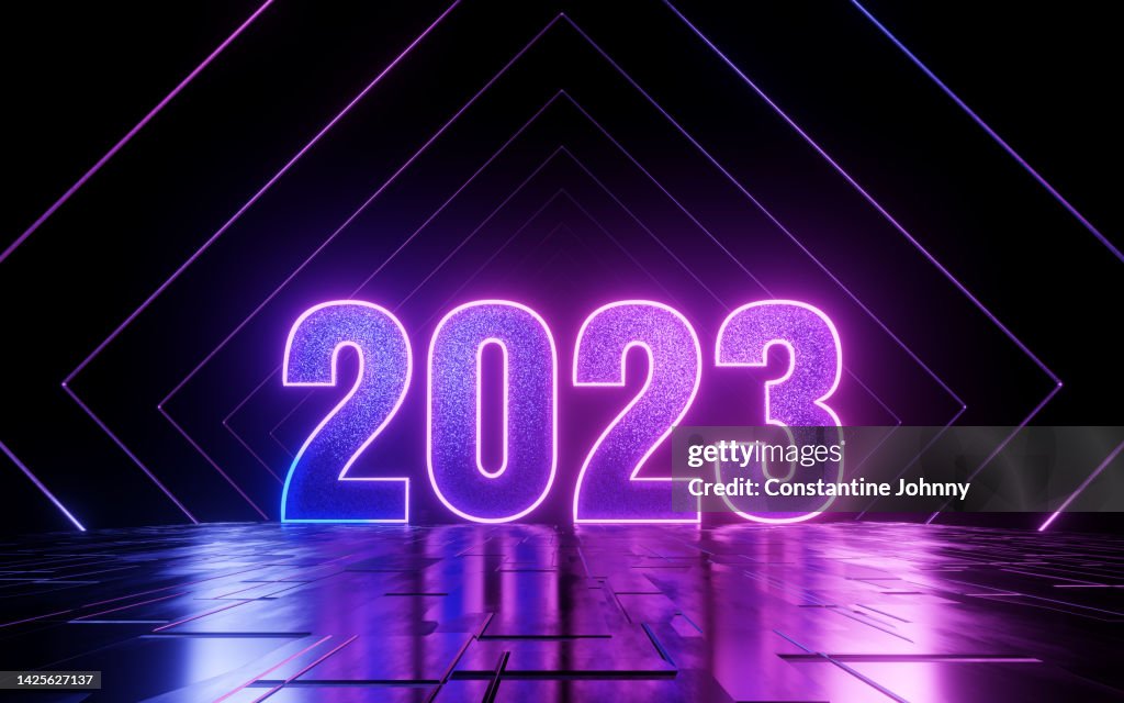 Futuristic Neon Light 2023 Text on Abstract Reflective Floor