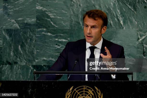 French President Emmanuel Macron speaks during the 77th session of the United Nations General Assembly at U.N. Headquarters on September 20, 2022 in...