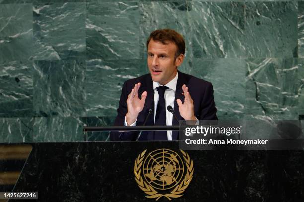 French President Emmanuel Macron speaks during the 77th session of the United Nations General Assembly at U.N. Headquarters on September 20, 2022 in...