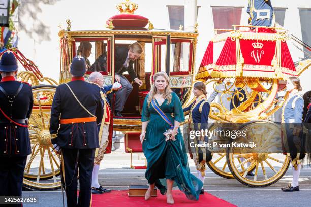 King Willem-Alexander of The Netherlands, Queen Maxima of The Netherlands and Princess Amalia of The Netherlands arrive with the Glass Coach at the...