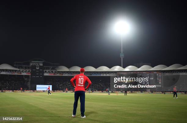 Alex Hales of England fields on the boundary during the 1st IT20 match between Pakistan and England at Karachi National Stadium on September 20, 2022...