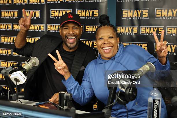 Karamo Brown poses for a photo with SiriusXM host and fellow Real World alumni Heather B. During a visit to 'Sway in the Morning' with Sway Calloway...