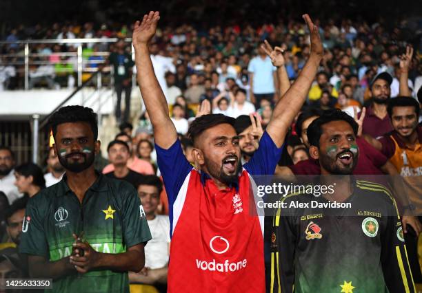 Fans react during the 1st IT20 match between Pakistan and England at Karachi National Stadium on September 20, 2022 in Karachi, Pakistan.
