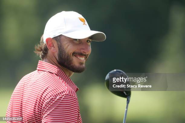 Max Homa of the United States Team smiles during a practice round prior to the 2022 Presidents Cup at Quail Hollow Country Club on September 20, 2022...