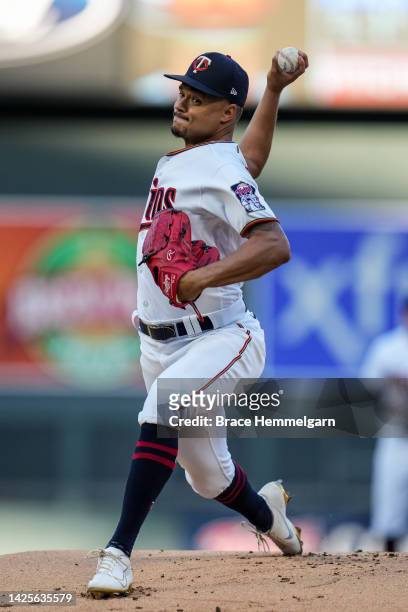 Chris Archer of the Minnesota Twins pitches against the Cleveland Guardians on September 10, 2022 at Target Field in Minneapolis, Minnesota.