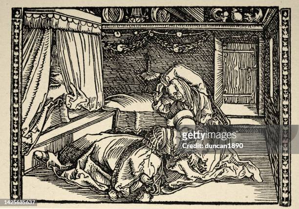 young woman pleading for help from an older woman, medieval, renaissance, history, early 16th century german woodcut - 16th century style stock illustrations stock illustrations
